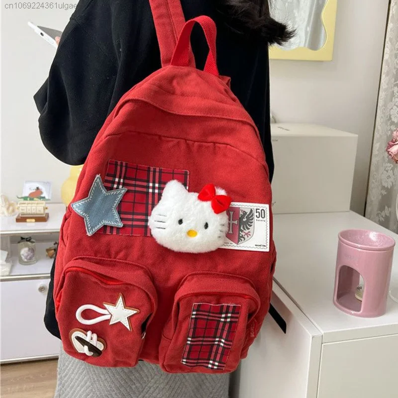 Sanrio Hello Kitty New Trend Bags Red Washed Canvas Backpacks Cartoon Korean Style Schoolbag Large Capacity Shoulder Bag Women