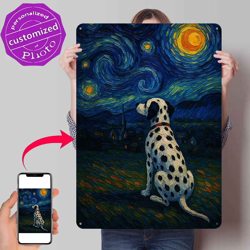 Dalmatian Dog in Starry Night Style Personalized 3D Textured Metal Poster Wall Art Vintage Tin Signs for Decor Luxury Wand Deko