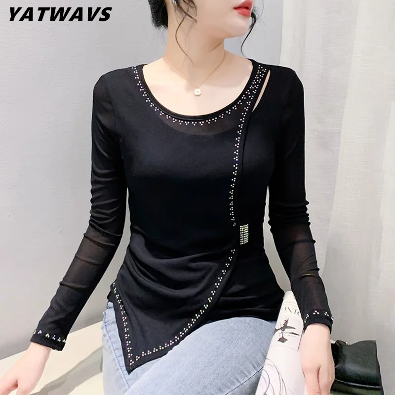 

New Women's Chic Cross Hollow Out Hot Diamonds T-Shirts Fashion Long Sleeve Slim Tees Autumn Female Elegant Irregular Mesh Tops