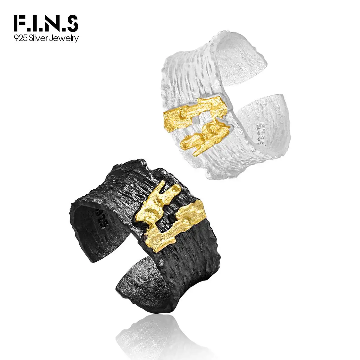 F.I.N.S Texture Real S925 Sterling Silver Color Separation Rings Uneven Wide Open Cuff Finger Fine Jewelry Women Accessories