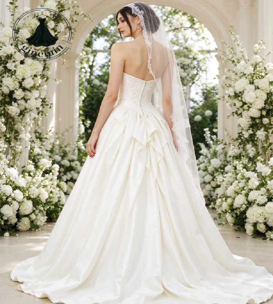 Elegant French Wedding Dress With Pearls Strapless A Line High Slit Boho Bridal Gowns Garden Beach Satin Chapel Train Customized