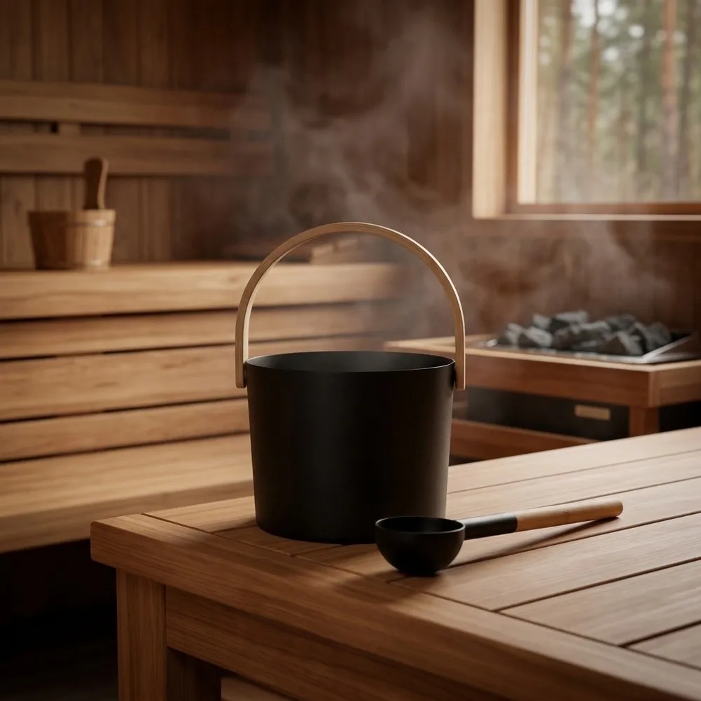 Wooden Handle Scoop Sauna Bucket Set For Creating Steam Aluminum Construction Classic Black Finish Ergonomic Wooden Grip