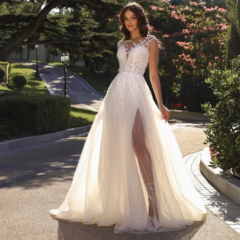 

Lace White Wedding Dresses Decal long sleeves A-line skirt long tail Gowns slit wedding dress Bridal Gown