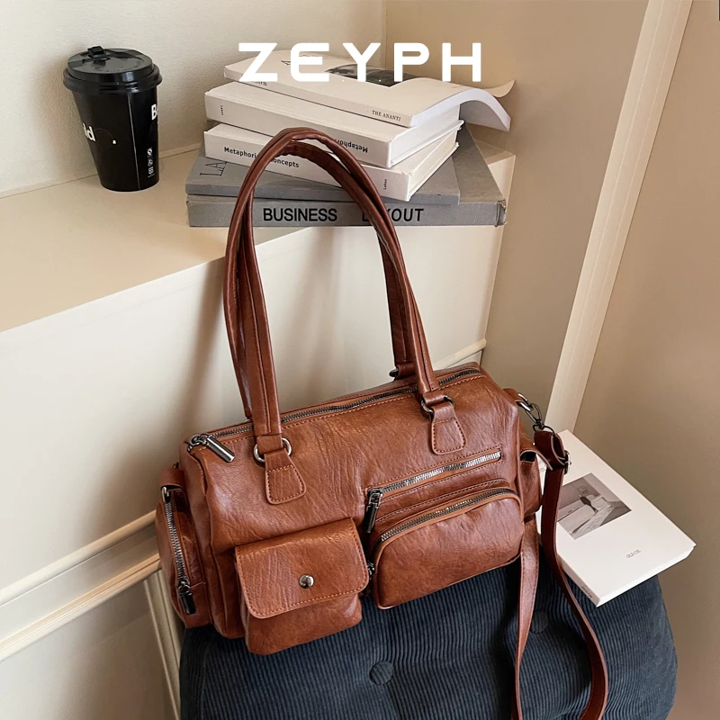 

Zeyph Double Sided Pockets PU Leather Solid Color Tote Bags for Women 2024 Y2K Ladies Shoulder Bag Females Retro Handbags