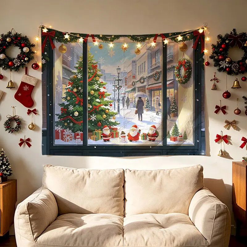 VIKAMA Christmas Window Village View Tapestry Wall Hanging, 6 Designs, Wall Decor for Bedroom Living Room Dorm