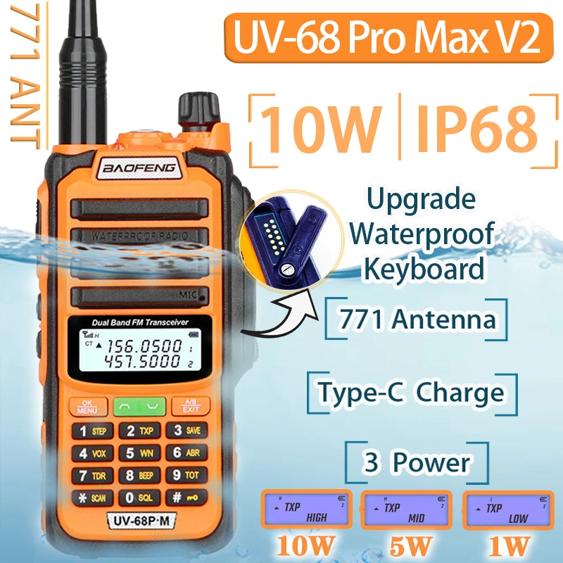 Baofeng UV-68 Pro MAX, Walkie Talkie kekuatan tinggi CB Ham UHF VHF tahan air jangkauan jauh Upgrade UV9R Radio dua arah 2023