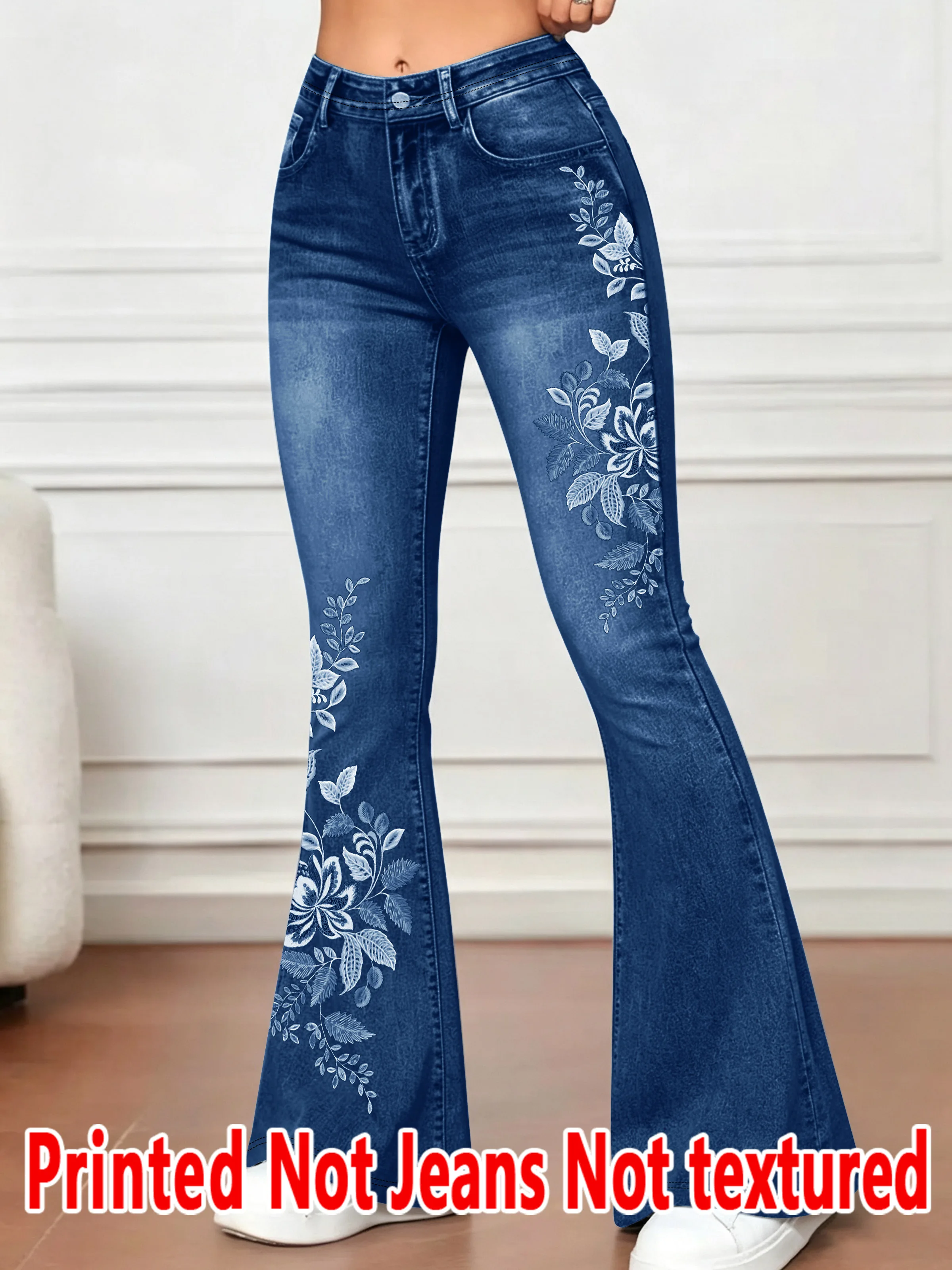 1583 [Printed Pants - Not Faux Denim Fabric]2D Printed Faux Effect, Printed Flared Trousers - Non-Faux Denim Fabric,