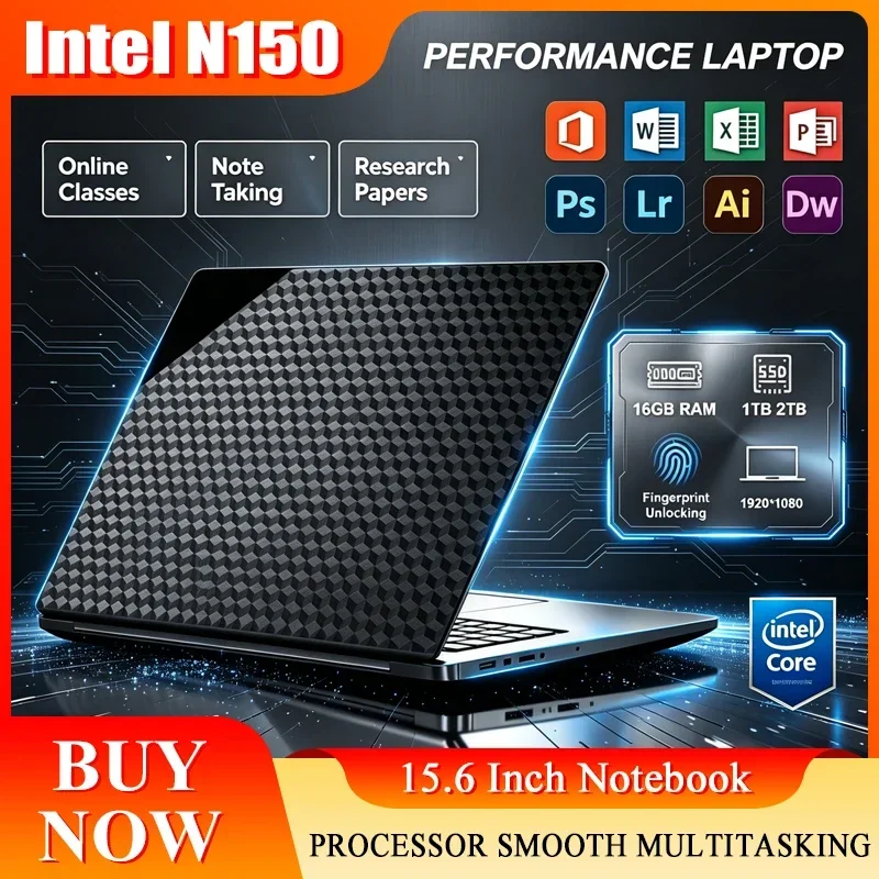 New 15.6'' Laptop Intel Core N150 32GB 2TB Gaming PC Ultra Slim Office Study Computer PC Windows 11 Pro 1920*1080 HD