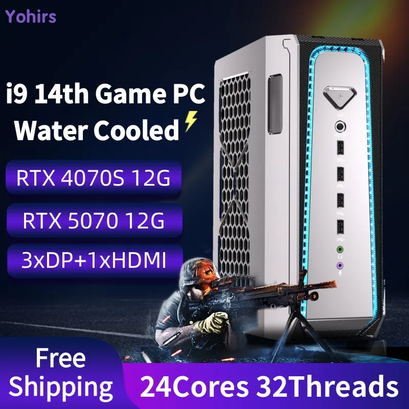Mini PC da gioco potente di 14a generazione InteI Core i9 14900KF i7 14700KF RTX5070 12G PCIE4.0 2DDR5 Win11 4x4K WiFi6 BT5.3 Raffreddato ad acqua