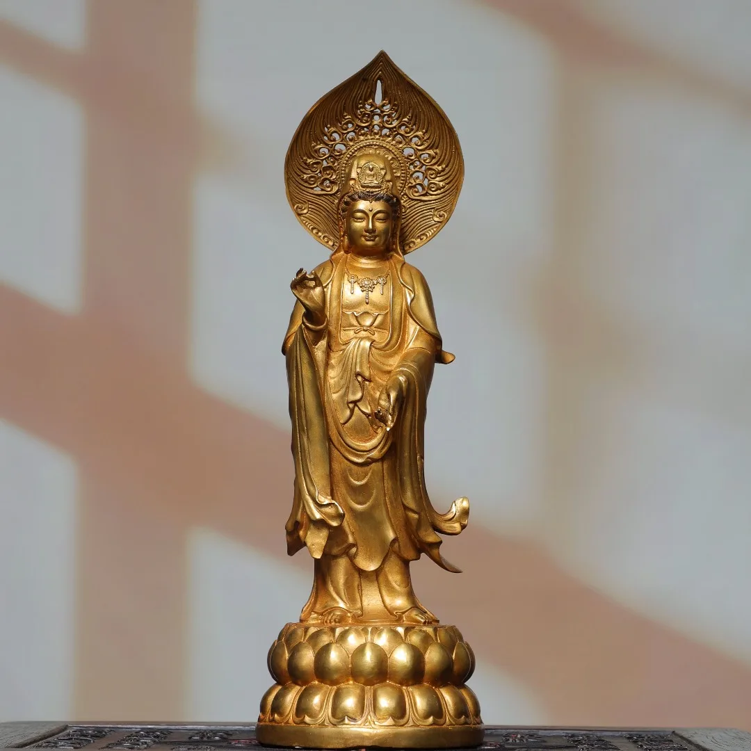 Old Bronze Gilded Head backlight Guanyin Bodhisattva Standing Buddha Guanyin Buddha Lotus Buddha Terrace Amitabha Town house