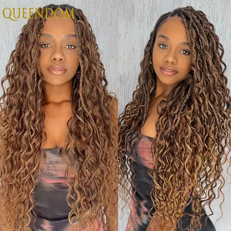 

36-дюймовые блондинки в стиле бохо с вьющимися концами, синтетические полные кружевные передние плетеные парики, косички без узлов, богиня, локоны, косички, парик