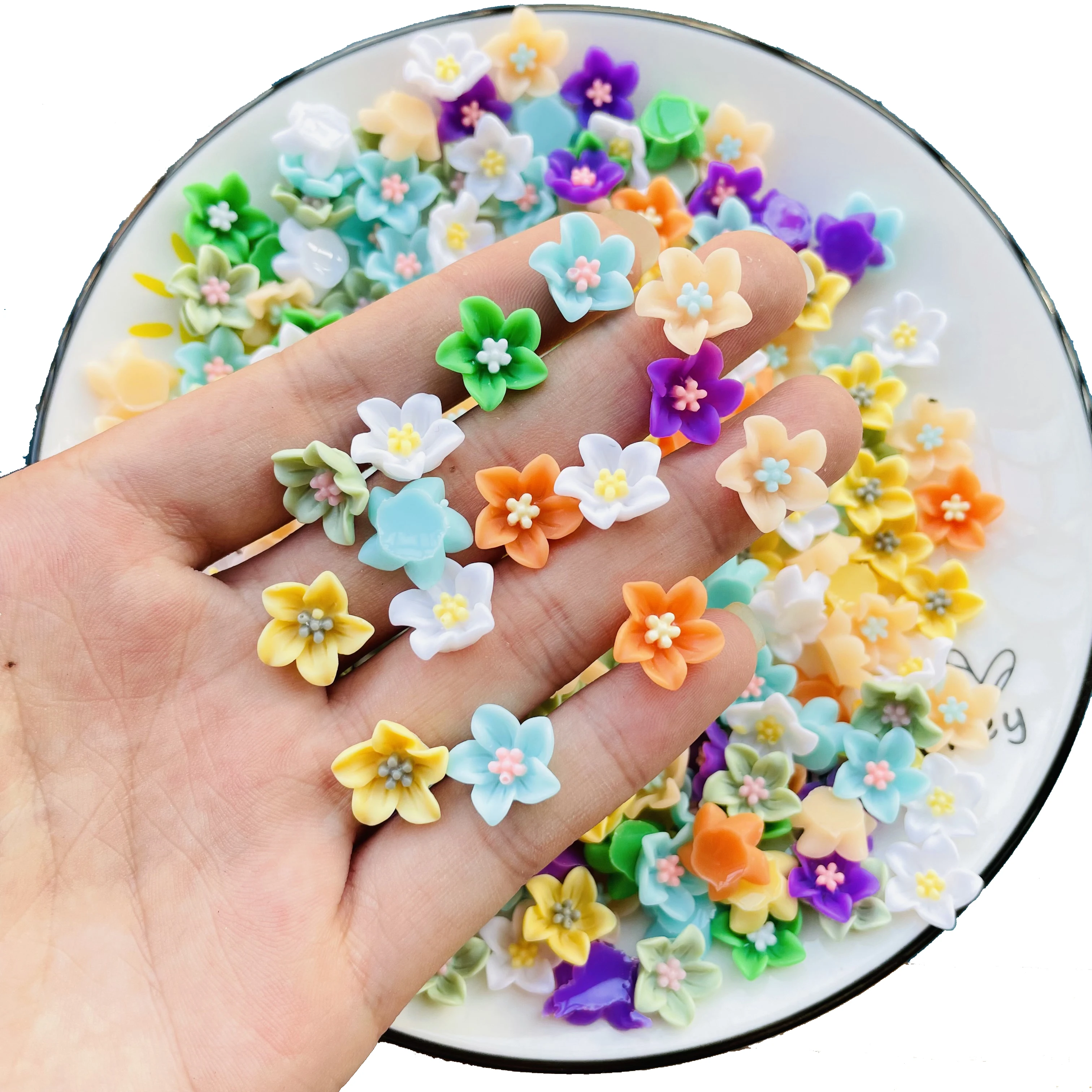 50 Pcs New Cute Mini Mixed Color Flower Resin Figurine Crafts Flatback Cabochon Ornament Jewelry Making Hairwear Accessories L95