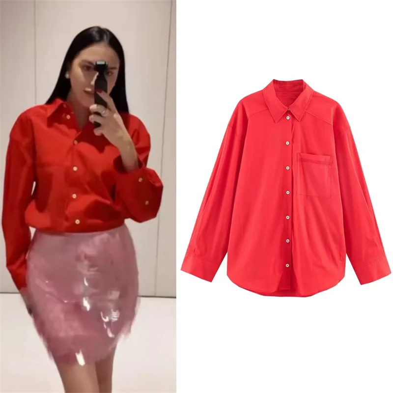 

Женская повседневная рубашка из эластичного хлопка свободного кроя с карманами и длинным рукавом в уличном стиле, весна 2026