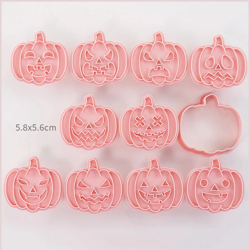 9 Styles Halloween Cookie Cutters Plastic 3D Pumpkin Cartoon Pressable Biscuit Mold Cookie Stamp Kitchen Baking Pastry Bakeware