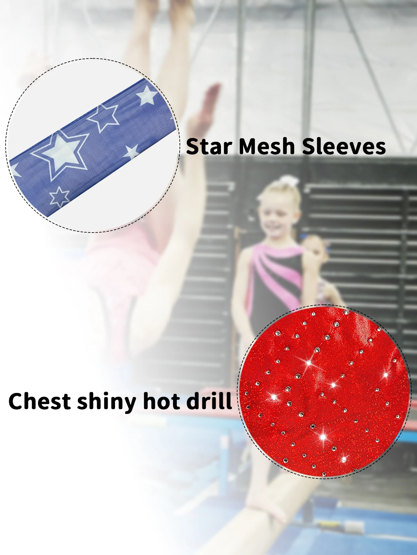 Body da ginnastica per ragazze Mesh Star Manica lunga Dancewear Body da ballo scintillante Tumbling Lucido anteriore Hot Drill