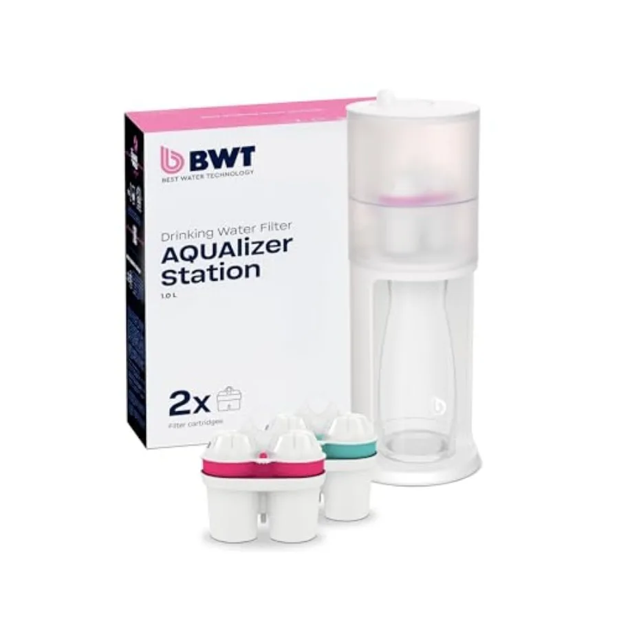 حزمة مياه لمرشح مياه الطاولة AQUAlizer Station مع 2 خرطوشة فلتر وإبريق زجاجي إضافي للاستخدام المنزلي والمطبخ I #1