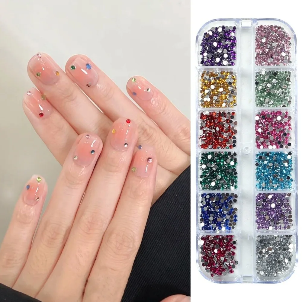 12 Grids Multi Size Nail Rhinestone Charms Shiny Clear White Gems Flatback Crystal Gems Sparkling Mixed Sequins Flakes