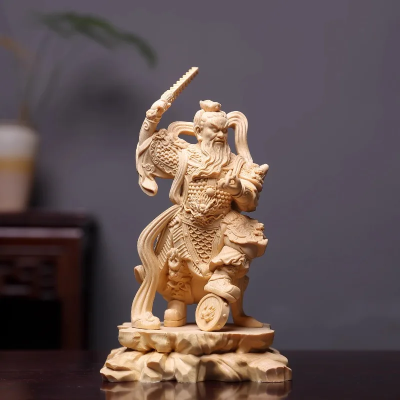 Finely Carved Wood Statue of Wang Lingguan, Three-Eyed Fire God Marshal, Home Temple Decoration Craft