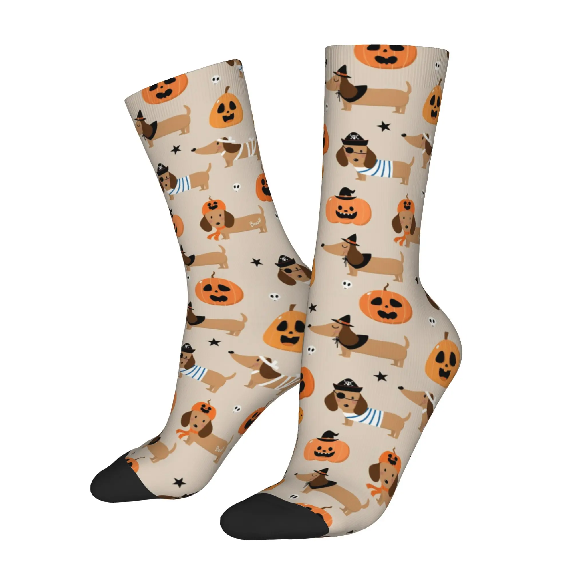 Autumn Winter Colorful Men's Women's Halloween Dachshund Dog Socks Pumpkin Fall Sweat Absorbing Soccer Socks