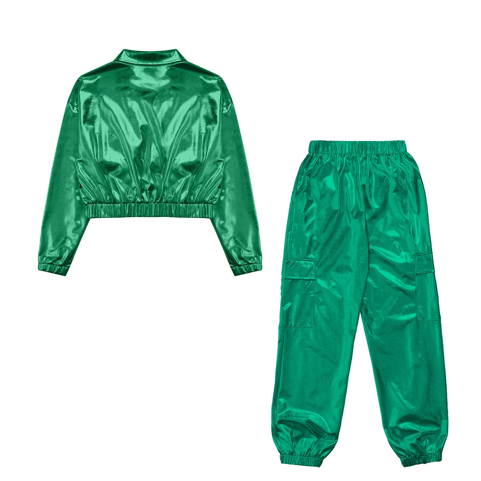 Kinder Jungen Mädchen Jazz Hip-Hop Street Dance Performance Kostüm Metallisch glänzend Langarm Sportjacke Mantel mit Hosen Outfits – Detail 25
