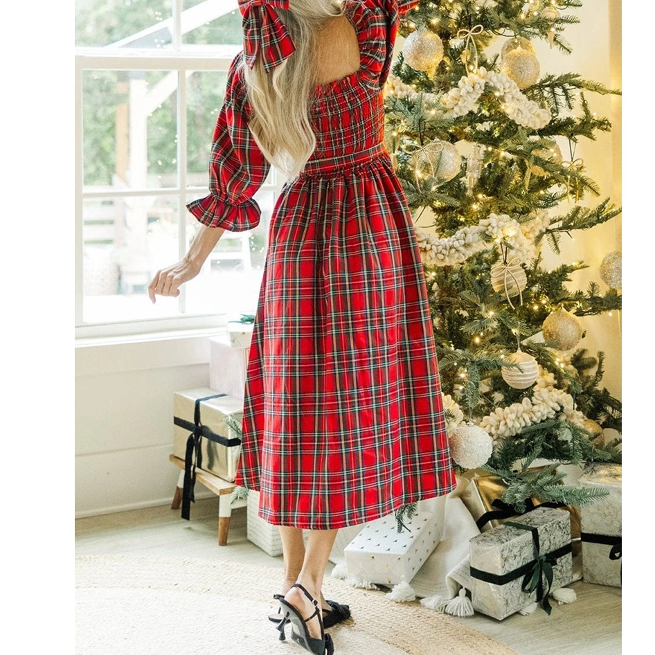 فستان نسائي صيفي خريفي طويل عتيق بأكمام منتفخة ورقبة مربعة وخصر عالي منقوش #2