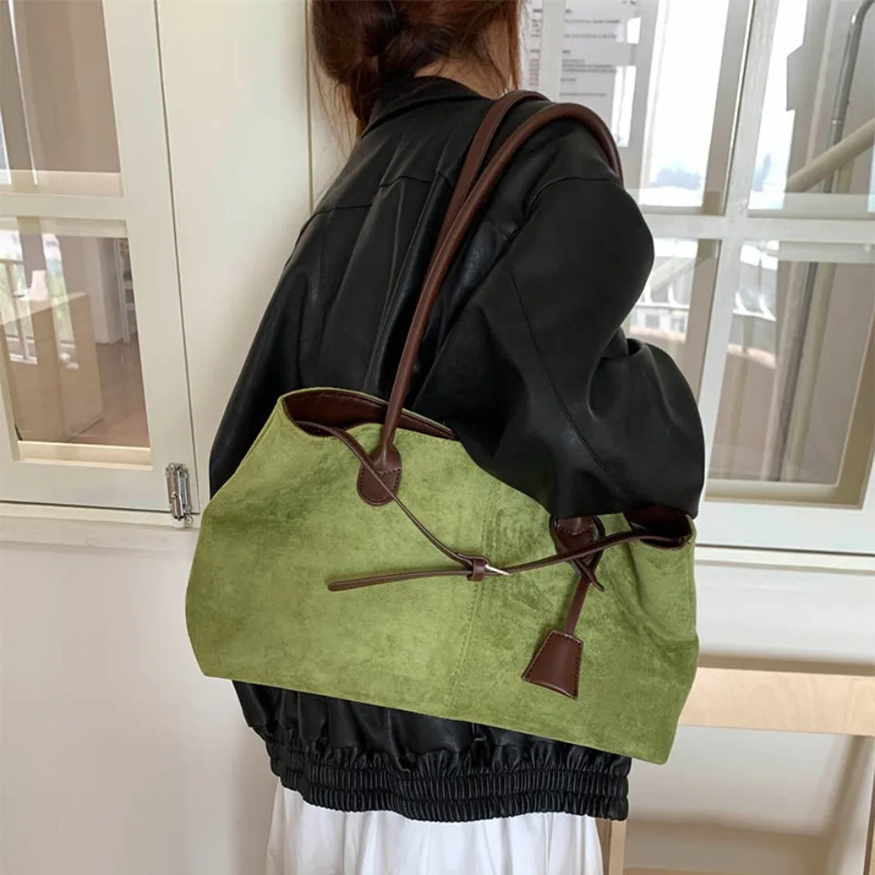 

Women's Vintage Faux Suede Leather Tote Bag Contrast Color Strap Casual Shoulder Handbag Elegant Daily Bag for Commute Shopping