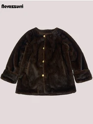 Nerazzurri Spring Autumn Winter Brown Warm Soft Faux Mink Fur Coat Women Elegant Luxury Designer Clothes Chic Fluffy Jacket 2025