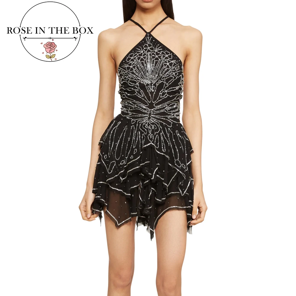 

ROSEINTHEBOX Customized Glamorous Black Halter Neck Mini Dress with Art Deco Crystal Beading vestidos de fiesta elegantes