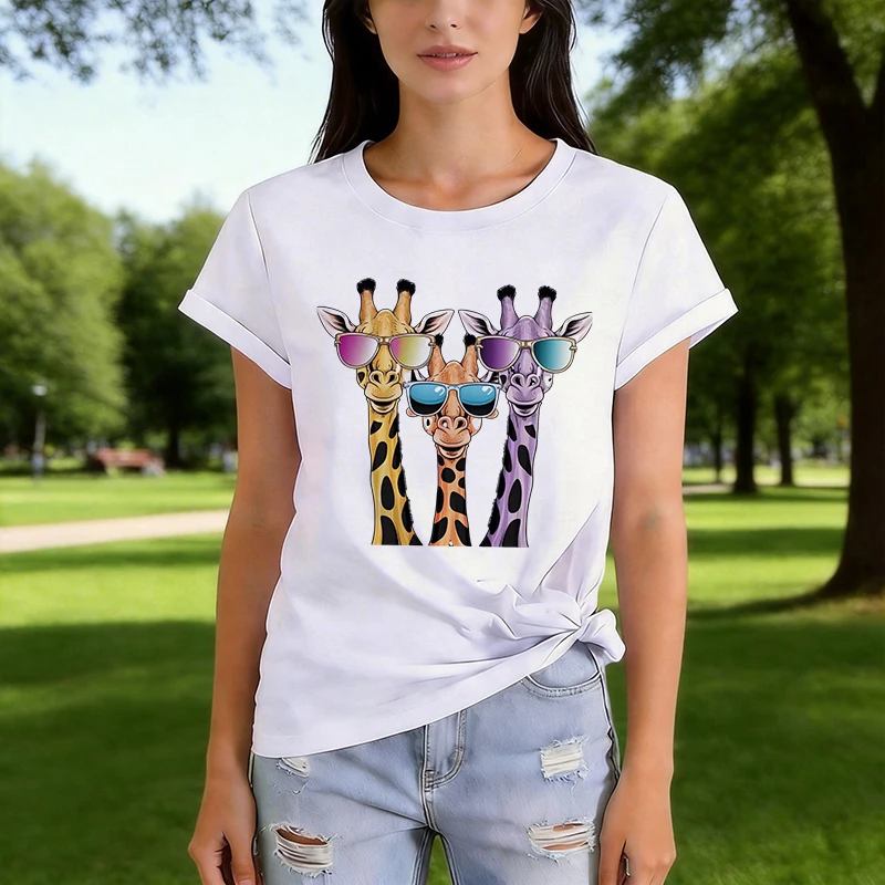 90er Jahre lustiges Giraffen-Print-T-Shirt für Mädchen, kurzärmelig, Rundhalsausschnitt, lässige T-Shirts, Tops für Sommer, Frühling, Damen-T-Shirt-Kleidung