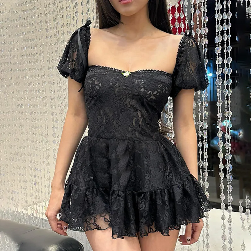 JHJN Sexy Woman Dress Square Neck Bubble Sleeves Lace Mini Skirt Mesh Sheer Frock Backless Printed Party Vestidos Evening Gown