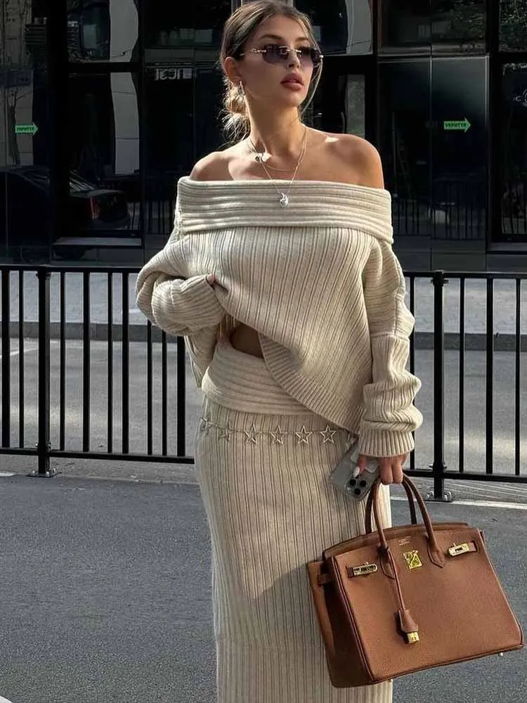 BKQU Knitted Women\'s Two Pieces Elegant Off Shoulder Sweater Pullover Slim Long Skirt Suit Autumn Winter Party Warm Lady Outfits