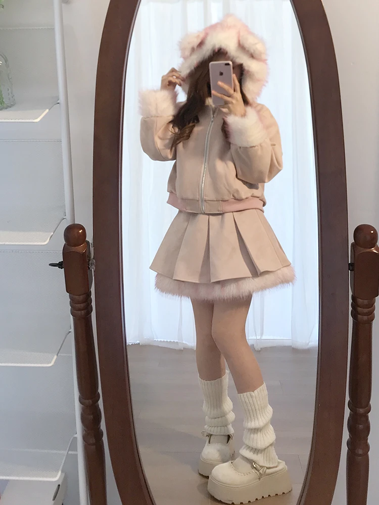 

Winter Sweet Cute Girl's Hooded Rabbit Ear Plu ort Jaet Skirt Set Women's Faion Ensemble mid Waist Skirt Zipper