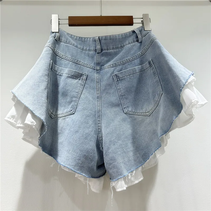 New Fashion Women's Patchwork Hem Wash Denim Shorts  Summer Trendy High Waist A-line Short Pants Female 1LS1393