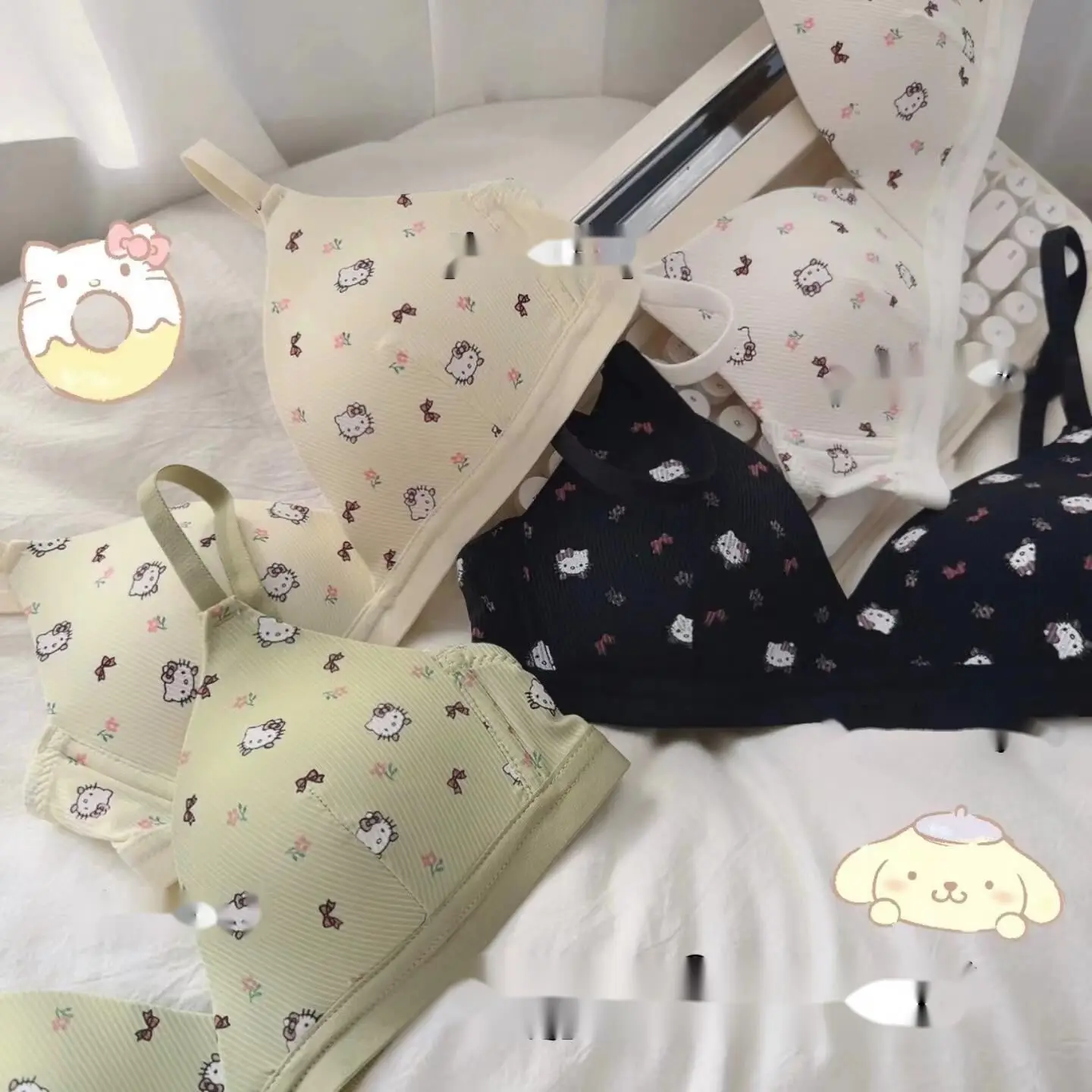 Cartoon Traceless Triangle Cup Bras Women‘s Gathering Small Chests Cute Cats Breathable Brassier Without Steel Ring Lingerie