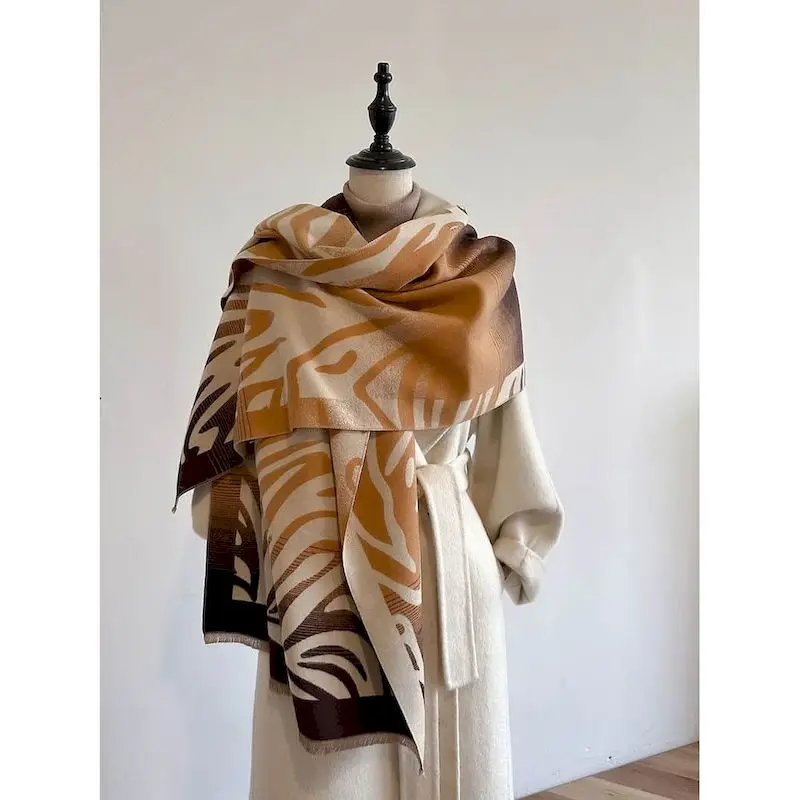 Scarf Women Luxury Vintage Stripe Graffiti Cashmere-like Female Scarf Korean Style Casual Winter Pashmina Shawl 