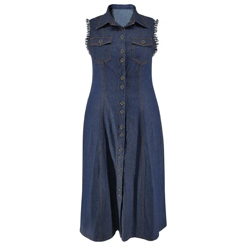 2025 zomer knop plus size shirt denim jurk vrouwen turn-down kraag grote jean jurk dames grote mouwloze geplooide lange jurk