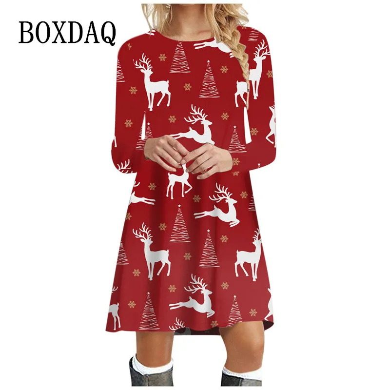 2023 Winter Christmas Tree Party Dresses For Women Oversized Long Sleeve Dress Elegant Sweet Casual Deer O-Neck Autumn Clothes