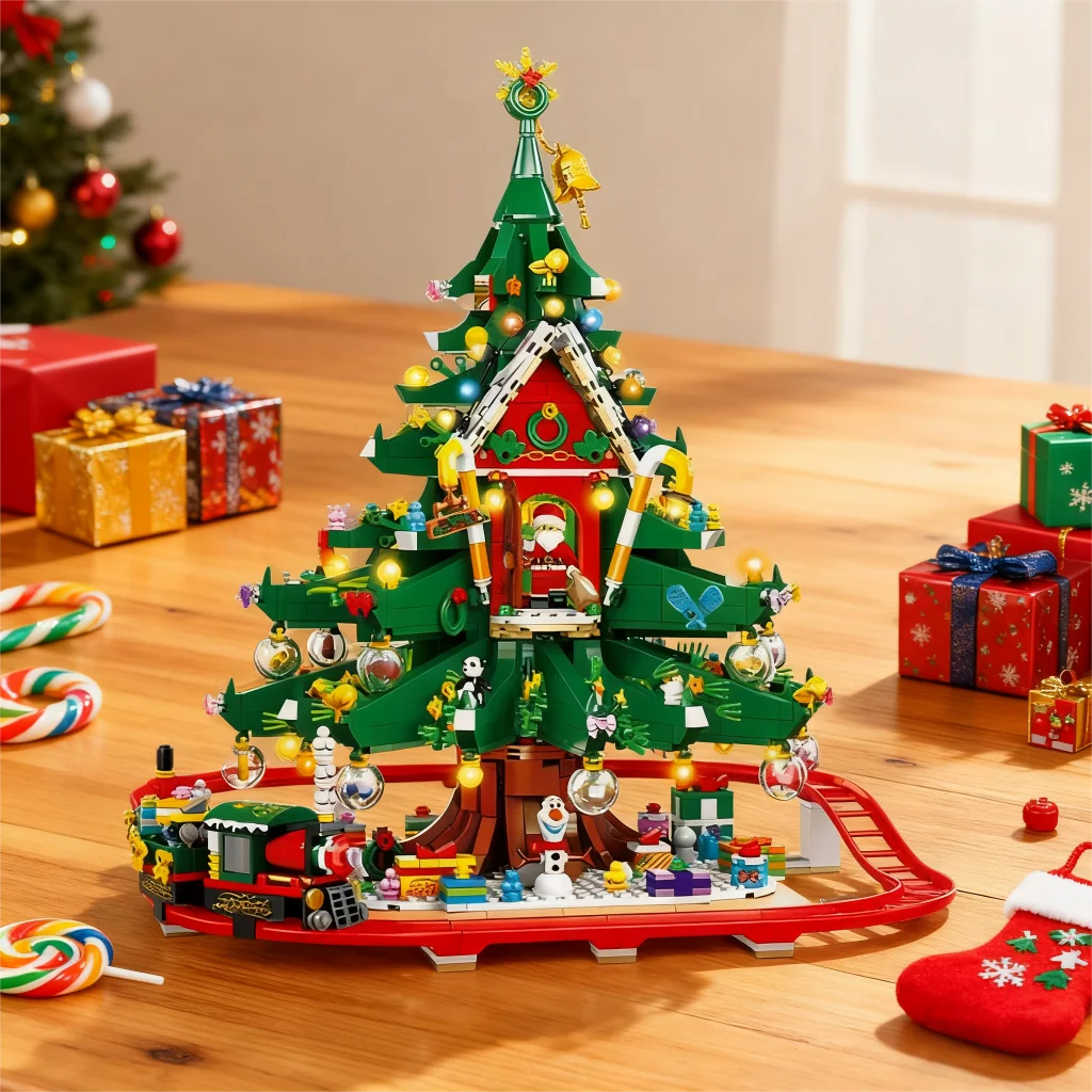 OUZEY MOC بيت شجرة عيد الميلاد مع مسار قطار السكك الحديدية اللبنات سانتا كلوز كوخ الشتاء الثلوج المقصورة لتقوم بها بنفسك لعبة للأطفال #1