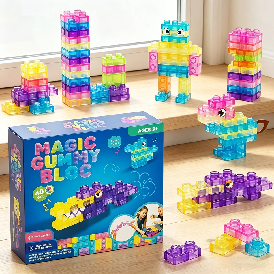 Soft Silicone Magic Jelly Building Blocks Squishy Toy, Brick Fidget Squeeze Toy, Stress Relief Sensory Construction Toy
