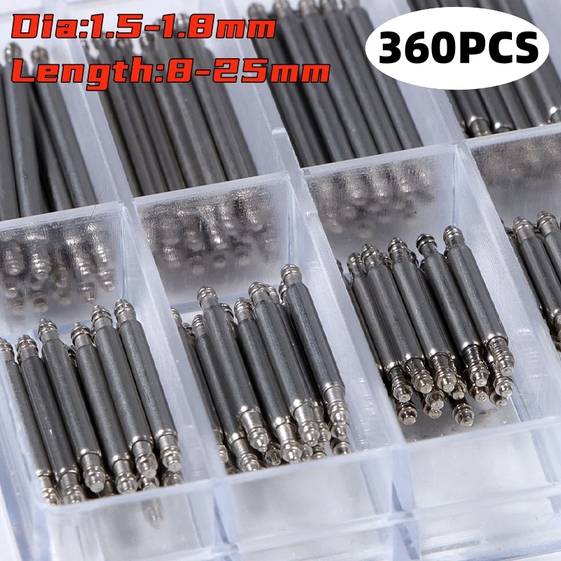 360 unids/set diámetro 1,5mm/1,8mm barras de resorte de acero inoxidable longitud 8mm- 25mm correa de reloj Pin de enlace de Metal herramientas de reparación de relojes Pin