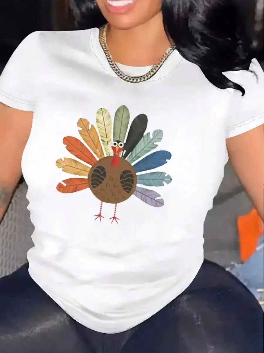 Womens Crew Neck Short Sleeve Cotton Blend Tee With Turkey Print Casual Streetwear Top