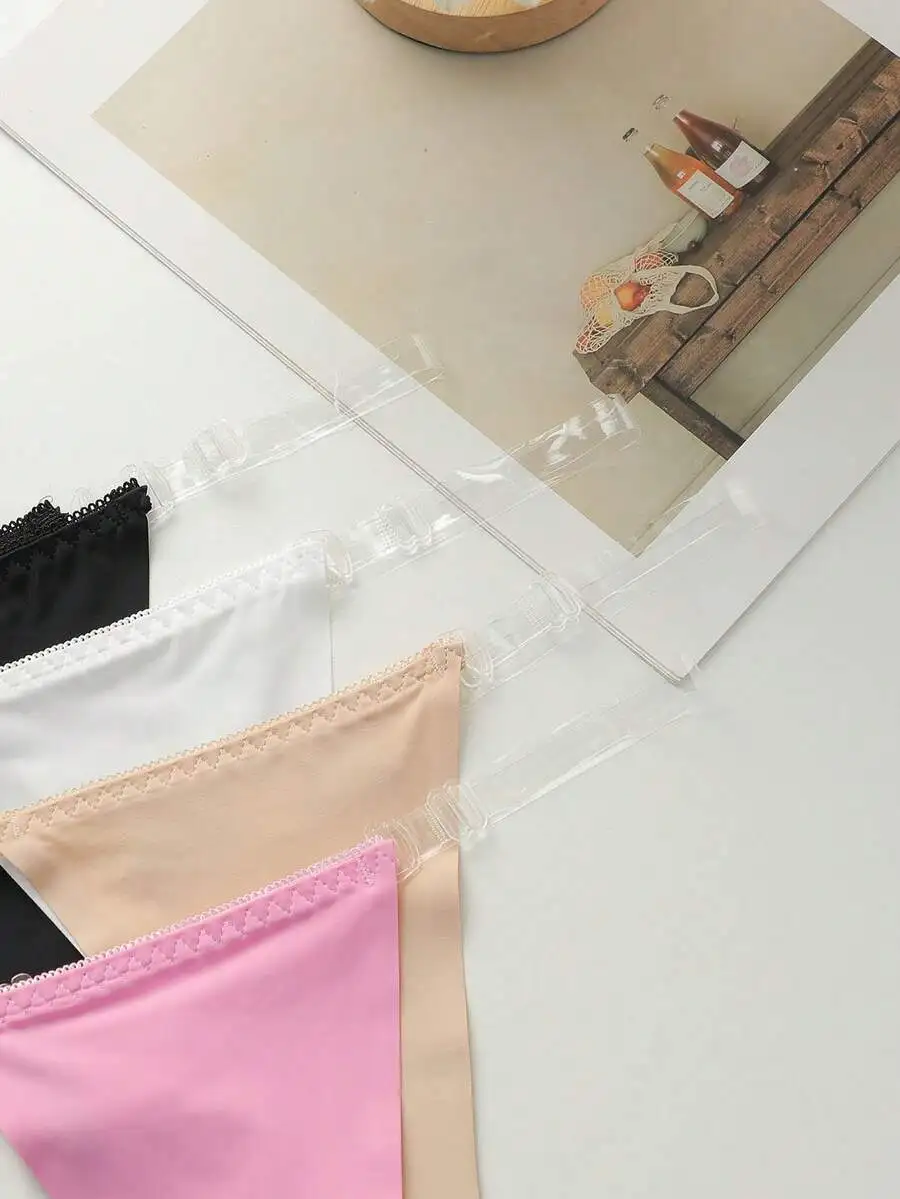 

4PCS Solid Color Seamless Low-Waist G-String Panties With Transparent Strap For Women