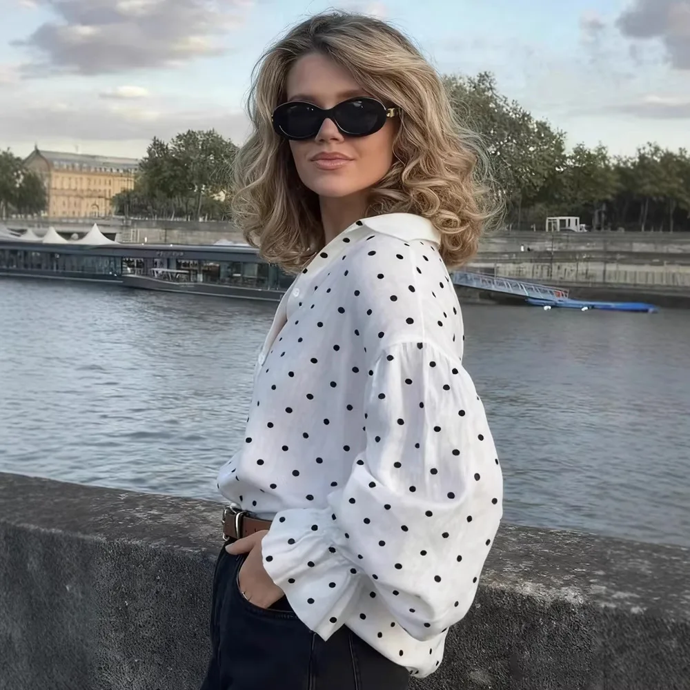 

Oversized Bishop Sleeves Blouse Shirt White Polka Dot Print Chic Retro-inspired Blouses Shirts Women Vintage Boho Beach Blusas