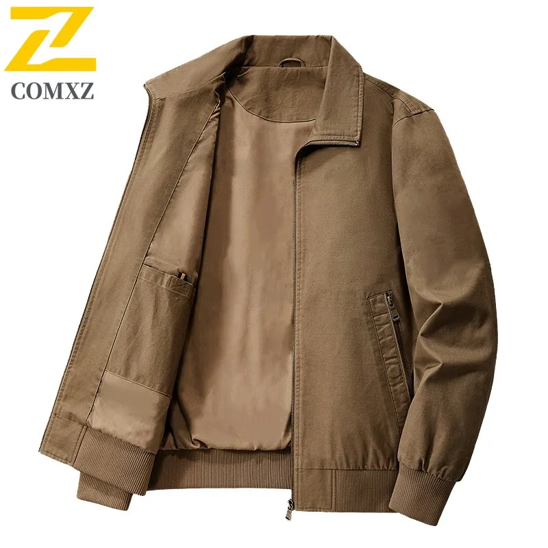 COMXZ Spring Autumn Lapel Washed Jacket American style Men Outdoor Multi Pocket Workwear Top Loose Fit Big Size Casual Coat 2025