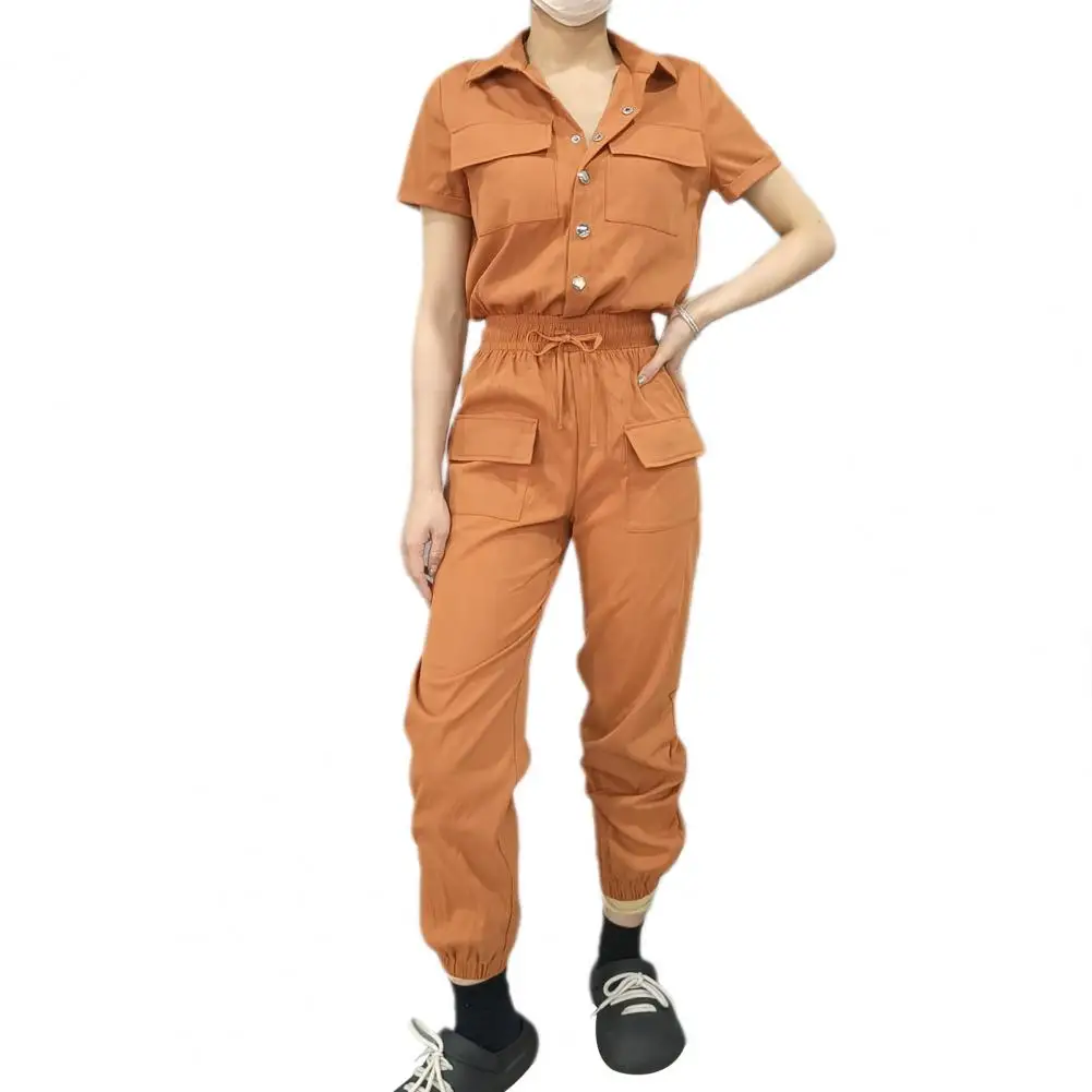 Solid Color Women Jumpsuit Slim Fit Women Jumpsuit Versatile Women's Cargo Jumpsuit Stylish Turn-down Collar Slim Fit with Multi