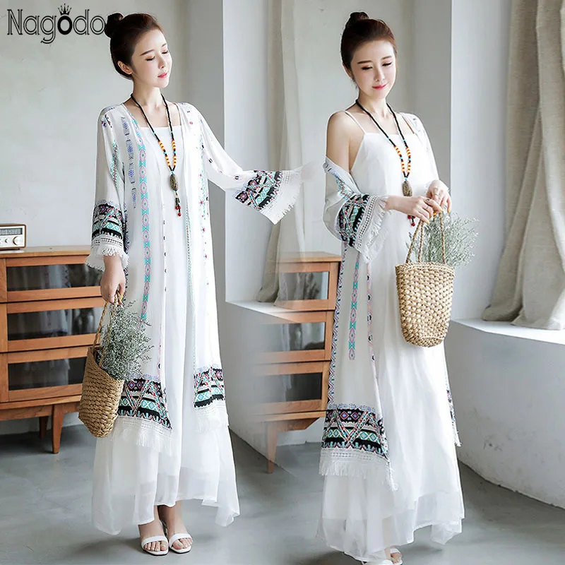 

Summer Bohemia Vintage Women's Long Dress Set Tassel Long Sleeve Cardigan Sundresses Double Layer Chiffon Loose White Dresses