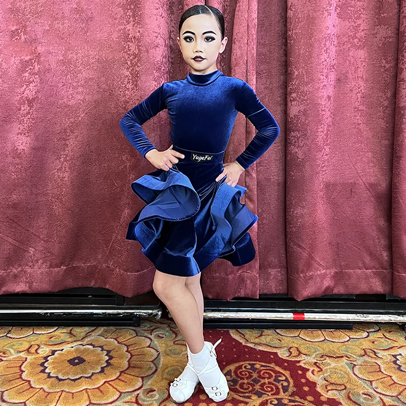 Girls Winter New Velvet Long Sleeved Skirts Split Suit Latin Dance Competition Dress For Kids Chacha Rumba Latin Clothes DN17271