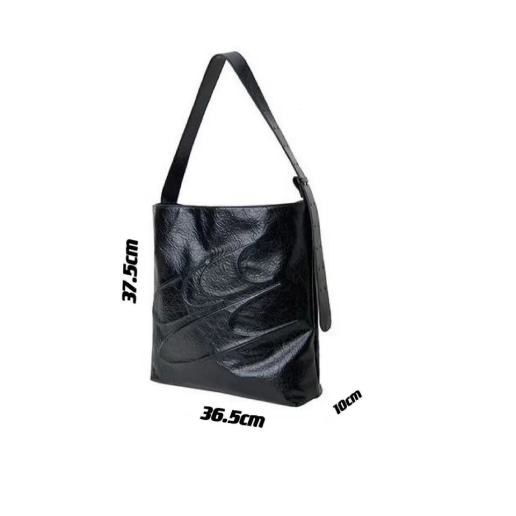 Black Minimalist Oil Wax Tote Bag Large Capacity PU Handbag Pad Clothing Storage Bag Stylish Cool Men Women Street Shoulder Bag