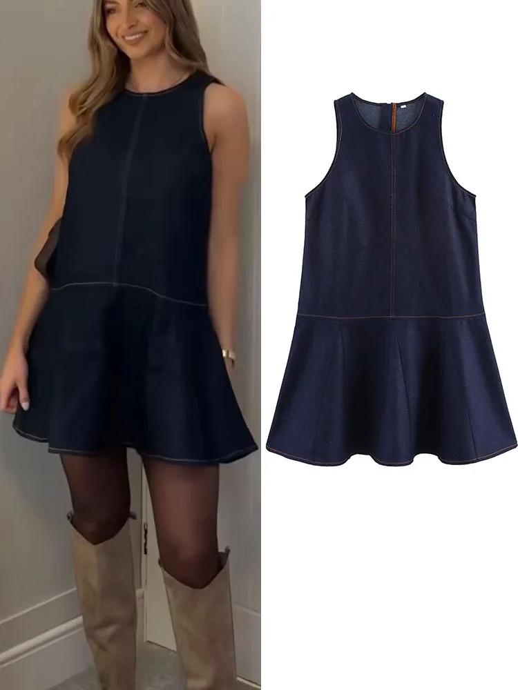 

Women Summer Mini Tank Dress 2025 Fashion Sweet Solid O-Neck Sleeveless Female Elegant Street Denim Spliced Dresses Clothes