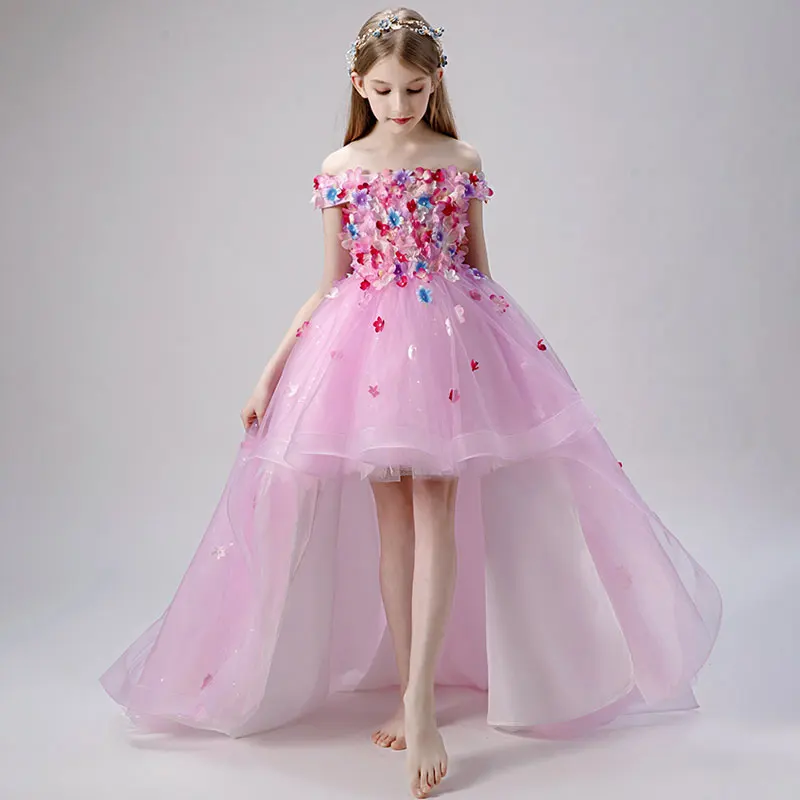 

Flower Girls Dress Off Shoulder Tutu High Low Tail Evening Party Gown Little Kids Birthday Princess Pink Dresses Graduation